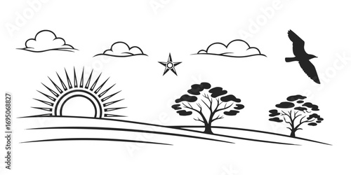 Stylized Landscape with Sun Trees Clouds and Bird.