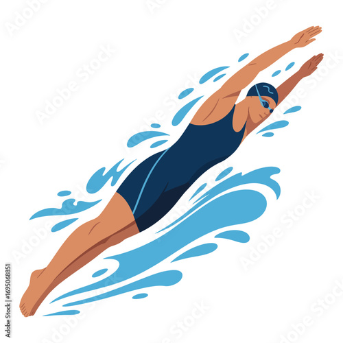 Swimmer in Motion Creating Water Waves During Competitive Swimming Sport Activity – Vector Illustration