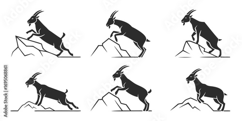 Stylized Mountain Goat Silhouette Collection on Rocky Terrain.
