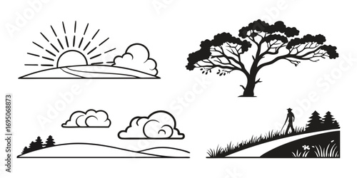 Stylized Nature Scenes with Sun Clouds Tree and Hiker.