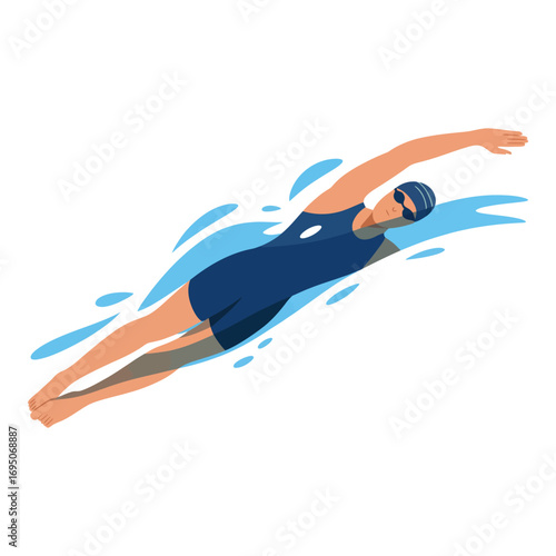 Swimmer in Motion Creating Water Waves During Competitive Swimming Sport Activity – Vector Illustration