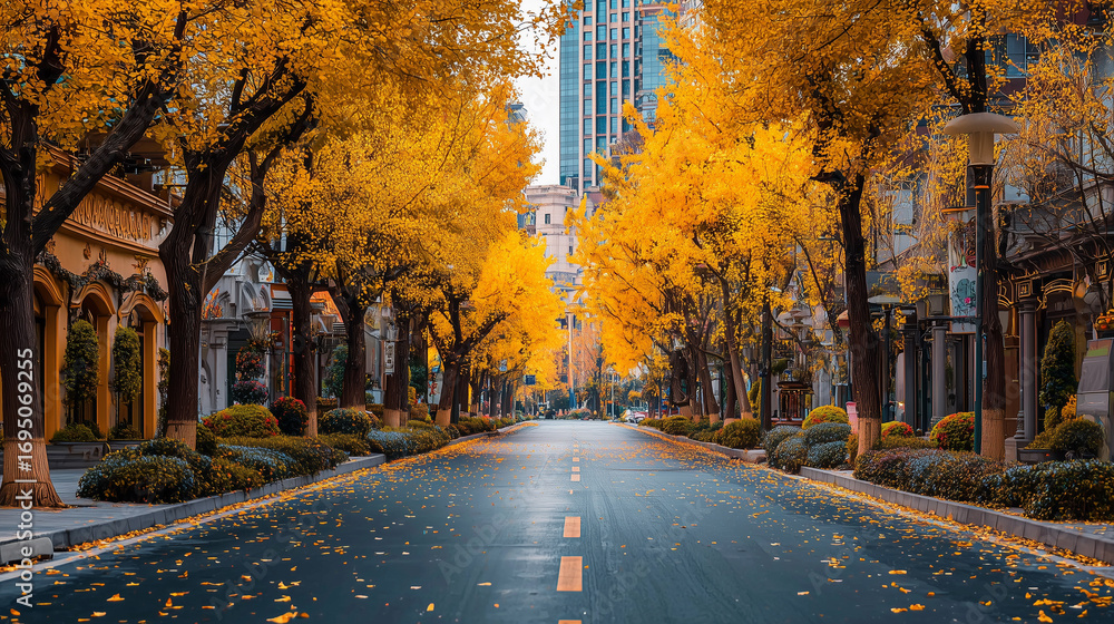 Fototapeta premium Empty Road with Fallen Leaves in Contemporary Cityscape