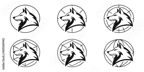 Stylized Wolf Head Logos in Geometric Circles.