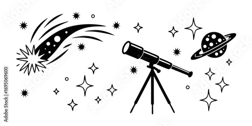 Telescope Observing Shooting Star and Planet.