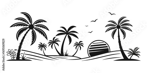 Tropical Beach Sunset Palm Trees Silhouette.