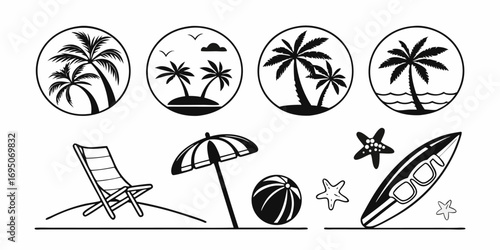Tropical Beach Vacation Icons and Symbols.