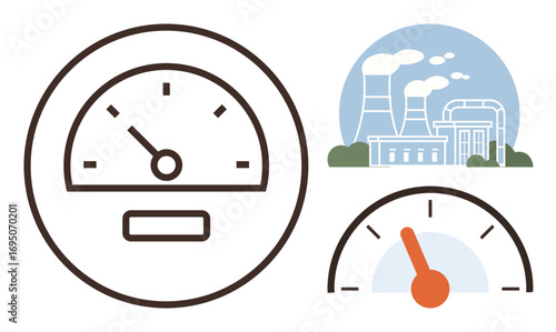 Analog speedometer, digital meter, and power plant illustration representing energy production, emissions, efficiency. Ideal for energy management, industry, sustainability, monitoring measurement