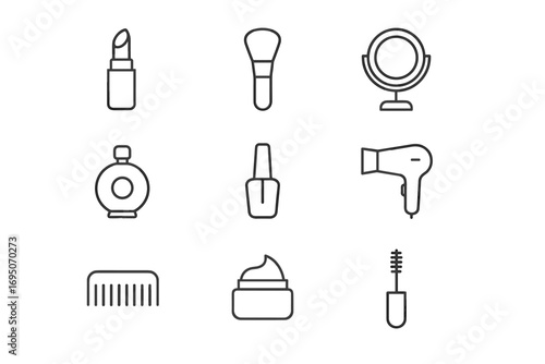 Beauty and Cosmetics Icons Set – Hair Dryer, Makeup, Skincare, Nail Polish, Hair Care