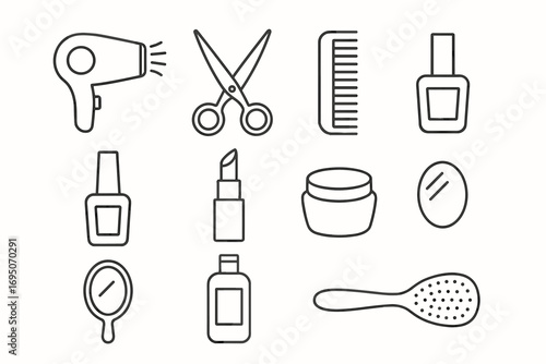 Beauty and Cosmetics Icons Set – Hair Dryer, Makeup, Skincare, Nail Polish, Hair Care