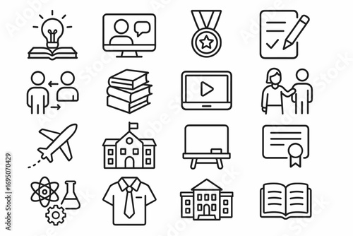 Education and E-Learning Icons Set – Online Study, Graduation, School, Books, Teaching