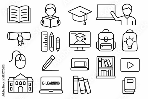 Education and E-Learning Icons Set – Online Study, Graduation, School, Books, Teaching