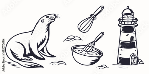 Whimsical Seal, Whisk, and Lighthouse Illustration
