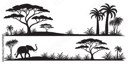 African Savannah Silhouette with Elephant and Trees