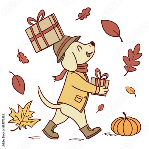 Creative SVG: Happy Labrador with carrying a gift box in a Autumn Leaves colored Autumn theme