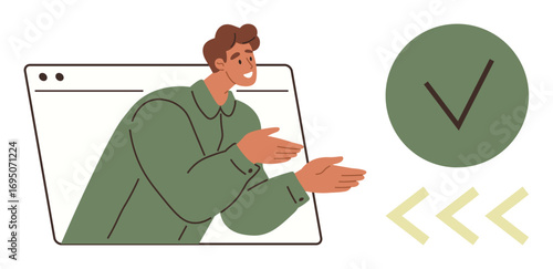 Man in browser window pointing at green checkmark, conveying approval, progress, or completion. Ideal for success, teamwork, productivity, communication, validation project management simple flat