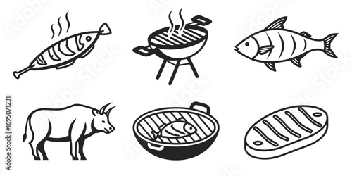 Barbecue Food Icons: Fish, Steak, and Bull