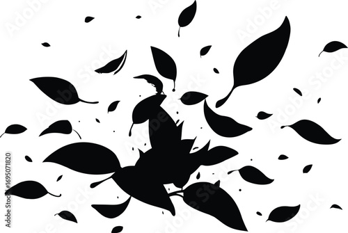 Abstract black leaf shapes exploding outward on white background