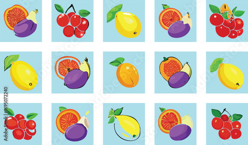 Flat cartoonish fruit arrangement with bold playful colors and outlines food healthy