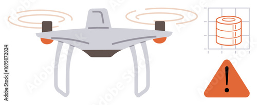 Quadcopter in flight with spinning propellers, adjacent data grid, and warning exclamation symbol. Ideal for technology, surveillance, delivery, data, warnings safety and innovation themes. Simple