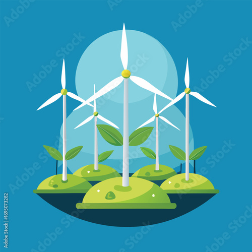 Wind Turbines and Growing Plants on Green Islands renewable energy