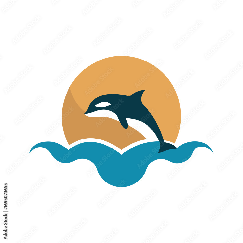 Fototapeta premium Dynamic orca whale leaping over ocean waves with setting sun logo design