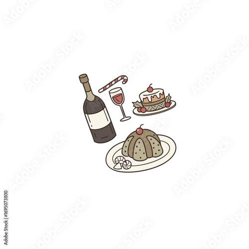 Charming hand drawn doodle christmas food set featuring a delicious roast and festive accompaniments