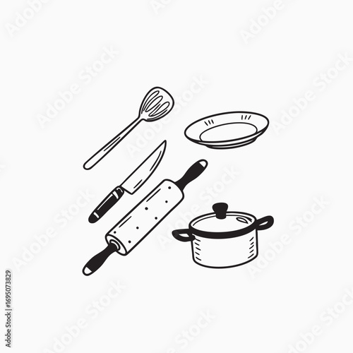 Charming hand drawn doodle style kitchen utensil and appliance icons for culinary design projects