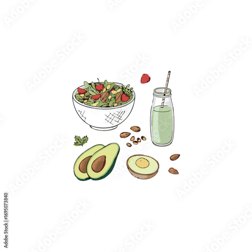 Charming hand drawn doodle style healthy food set featuring a delicious salad bowl and fresh ingredients for advertisements