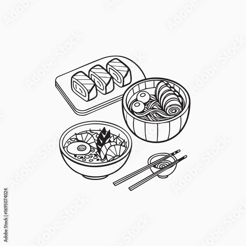Hand drawn line art doodle collection featuring sushi sashimi and japanese food illustrations for culinary designs