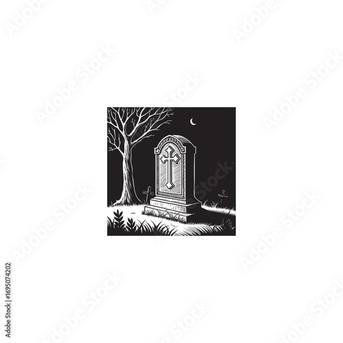 Spooky outline of a gravestone with a cross for horror themed designs and halloween decorations