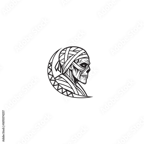 A detailed outline illustration of a mummy face intricately wrapped in bandages for a classic ancient egyptian theme