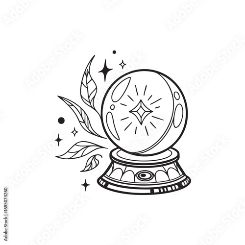 Mystical orb line art design featuring a crystal ball with ethereal glow and celestial accents