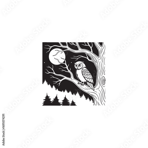Artistic line drawing of a wise owl perched on a spooky night tree branch