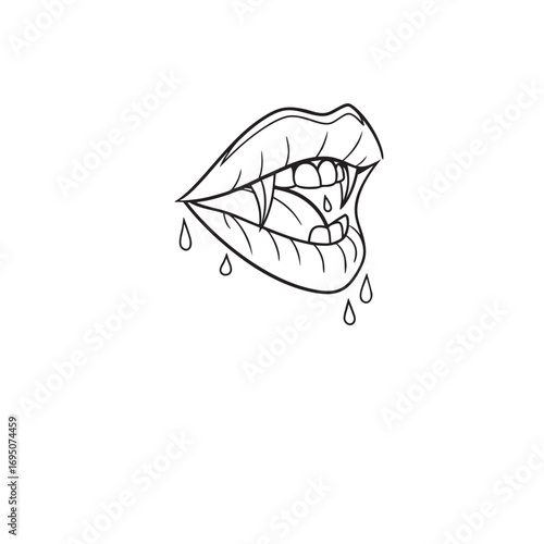 Stylized line art illustration of sharp vampire fangs with drops of red blood symbolizing a spooky halloween or horror theme