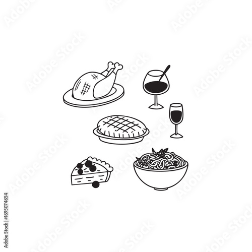 Minimalist doodle icons representing a holiday dinner featuring a turkey and wine glasses for festive celebrations