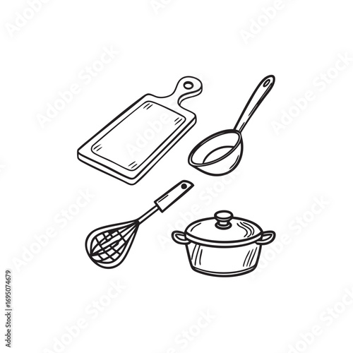 Minimalist doodle style cooking icons featuring a cutting board and ladle for culinary design projects