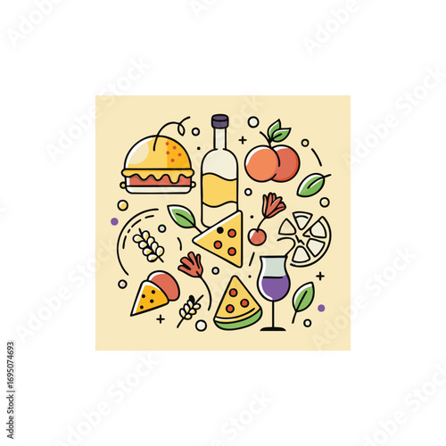 Charming minimalist doodle style illustration set featuring a variety of delicious pizza slices and whole pizzas