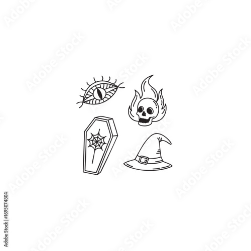 Minimalist horror icon set featuring an evil eye and a burning flame for spooky themed designs