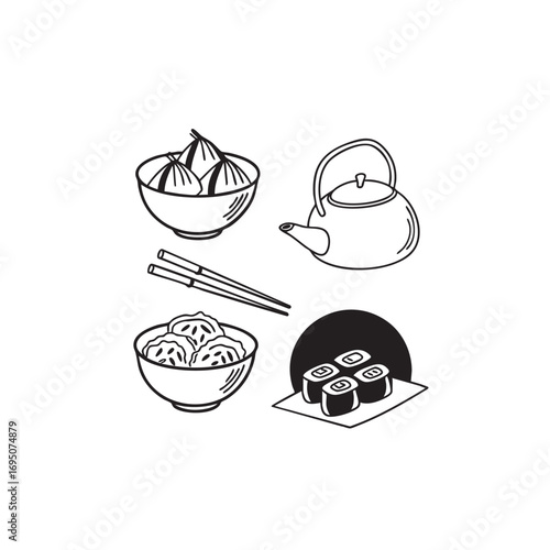 Minimalist sketch style asian food icons featuring dumplings rice bowls and other culinary delights for food businesses