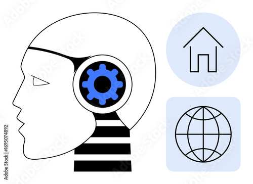 Profile head with gear inside, home outline, and globe circle depicts innovation, AI, global connection, home tech. Ideal for technology, AI, automation connectivity globalization smart homes