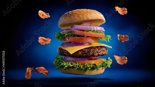 A delicious burger with flying ingredients and bacon slices. Movement, juiciness, taste. Ideal for advertising food, menu.