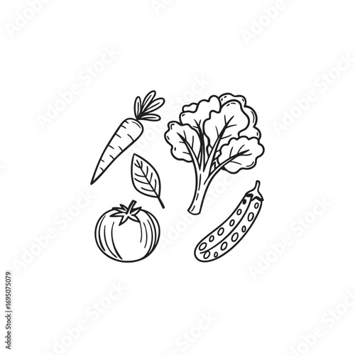 Charming hand drawn sketch style icon set featuring a variety of fresh vegetables including carrots and broccoli