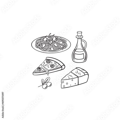 Artistic sketch line art collection of italian food and drink icons for culinary design projects