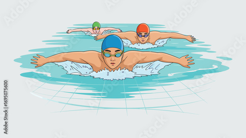 Swimming Race with Lead Swimmer Gliding Through Water – Competitive Aquatic Illustration Showing Focus and Determination