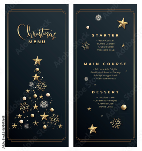 Vector christmas menu template for restaurant on the dark background with golden text and elements. Merry christmas menu printable template	
