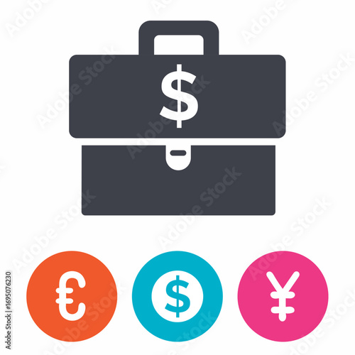 Modern briefcase icon with global currency symbols for finance and business concepts
