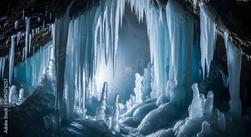 Majestic ice formations create a surreal, frozen wonderland inside a dimly lit cave