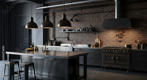 Elegant modern kitchen design with industrial style brick wall and lighting