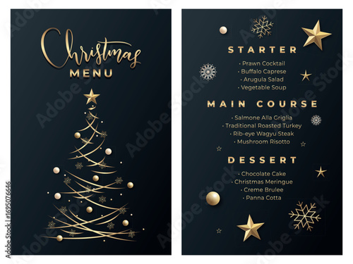 Vector christmas menu template for restaurant on the dark background with golden text and elements. Merry christmas menu printable template	
