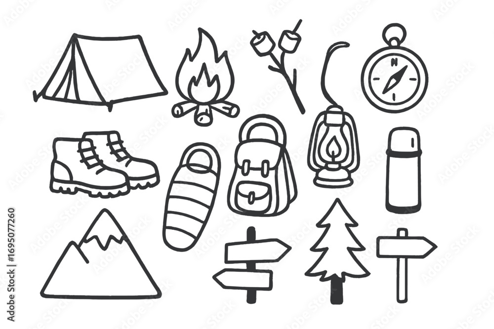 Fototapeta premium Camping Doodle Icons. Children’s card making doodle set: hand drawn icons for blank cards, markers, cut-out hearts, glue dots, and